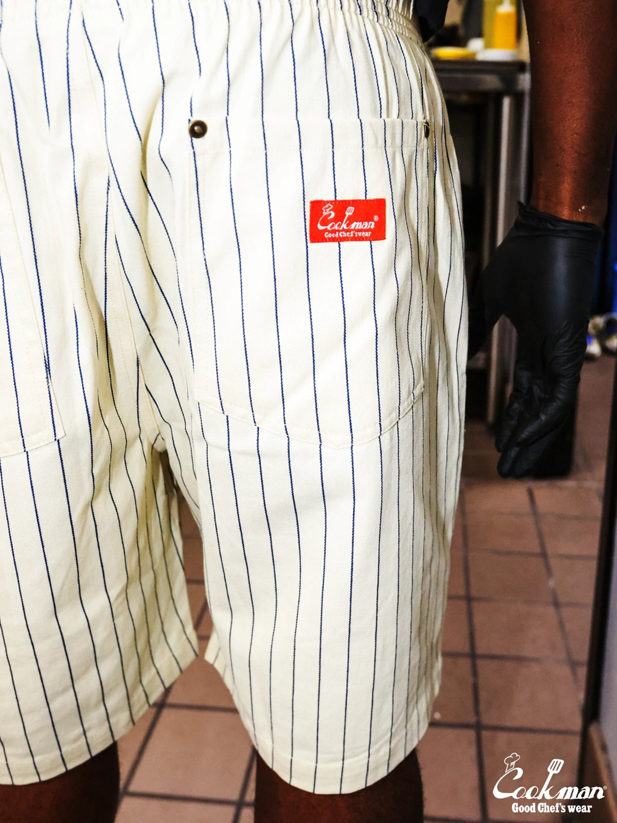Chef Short Pants Front Pocket Herringbone - Stripe : Cream