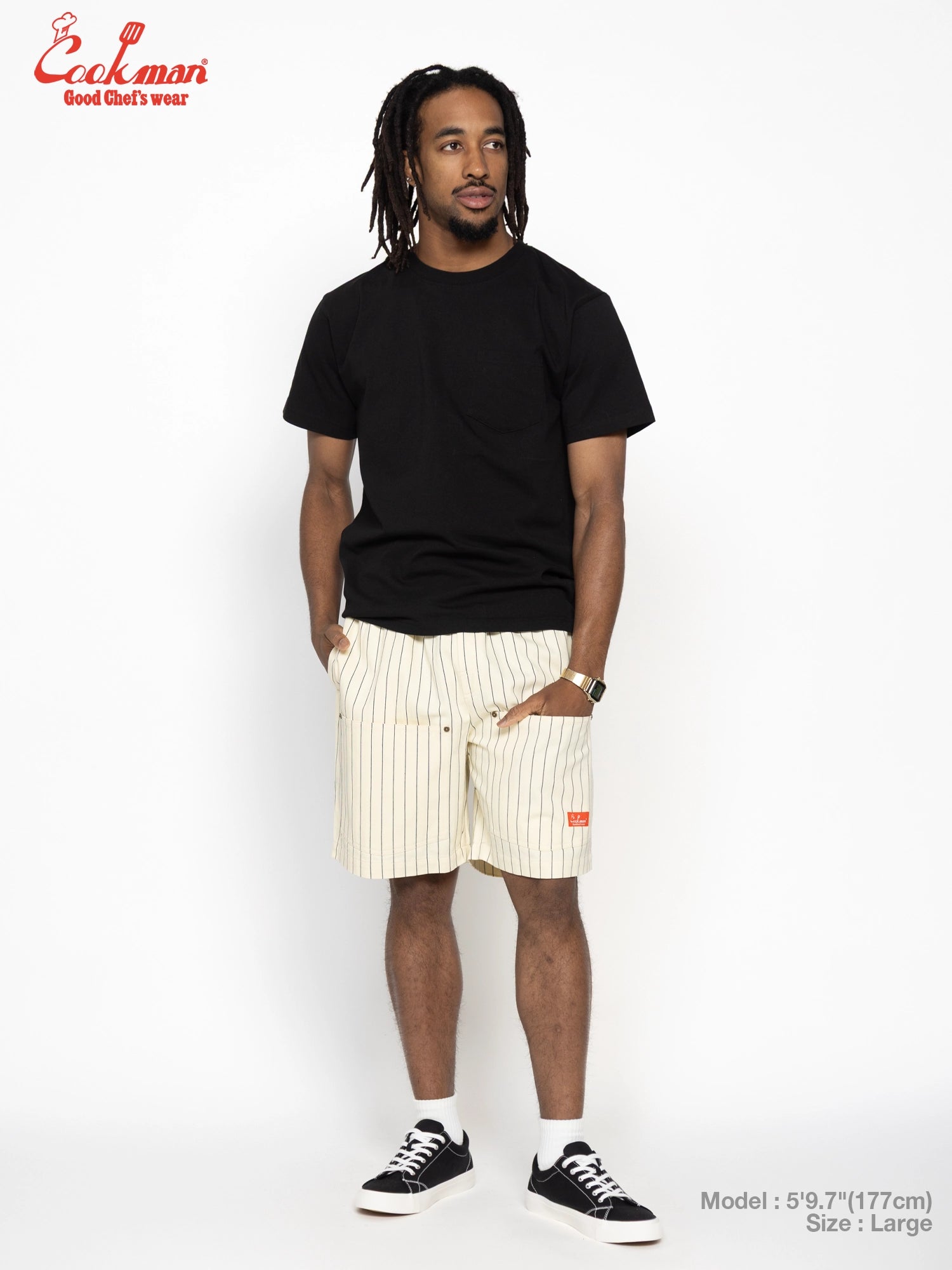 Chef Short Pants Front Pocket Herringbone - Stripe : Cream