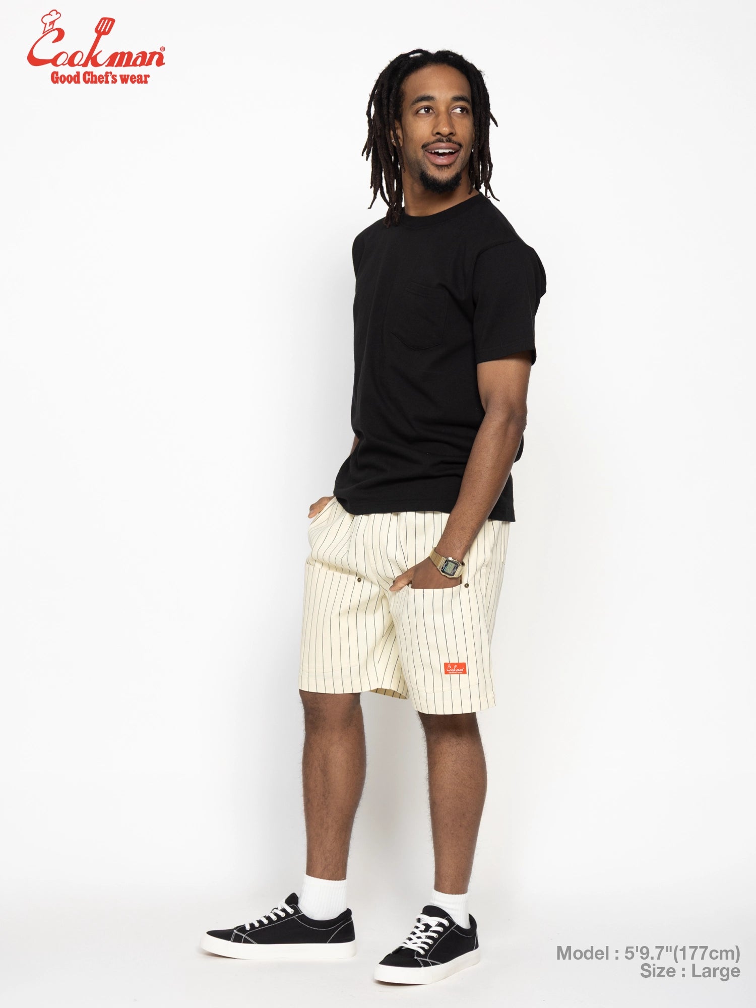 Chef Short Pants Front Pocket Herringbone - Stripe : Cream