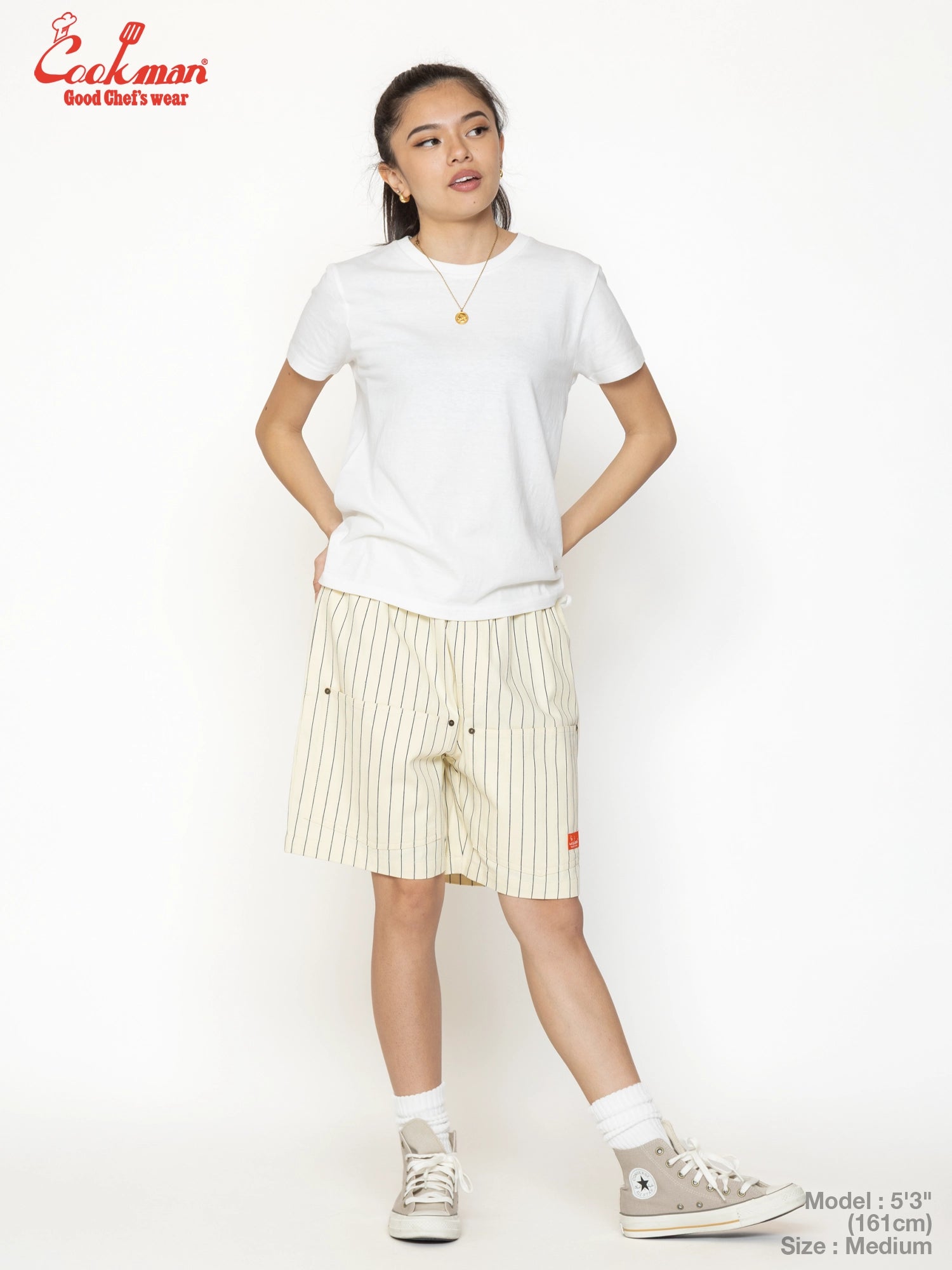 Chef Short Pants Front Pocket Herringbone - Stripe : Cream
