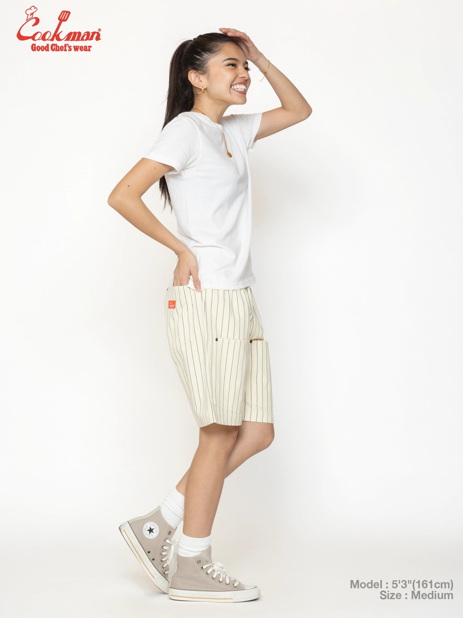 Chef Short Pants Front Pocket Herringbone - Stripe : Cream