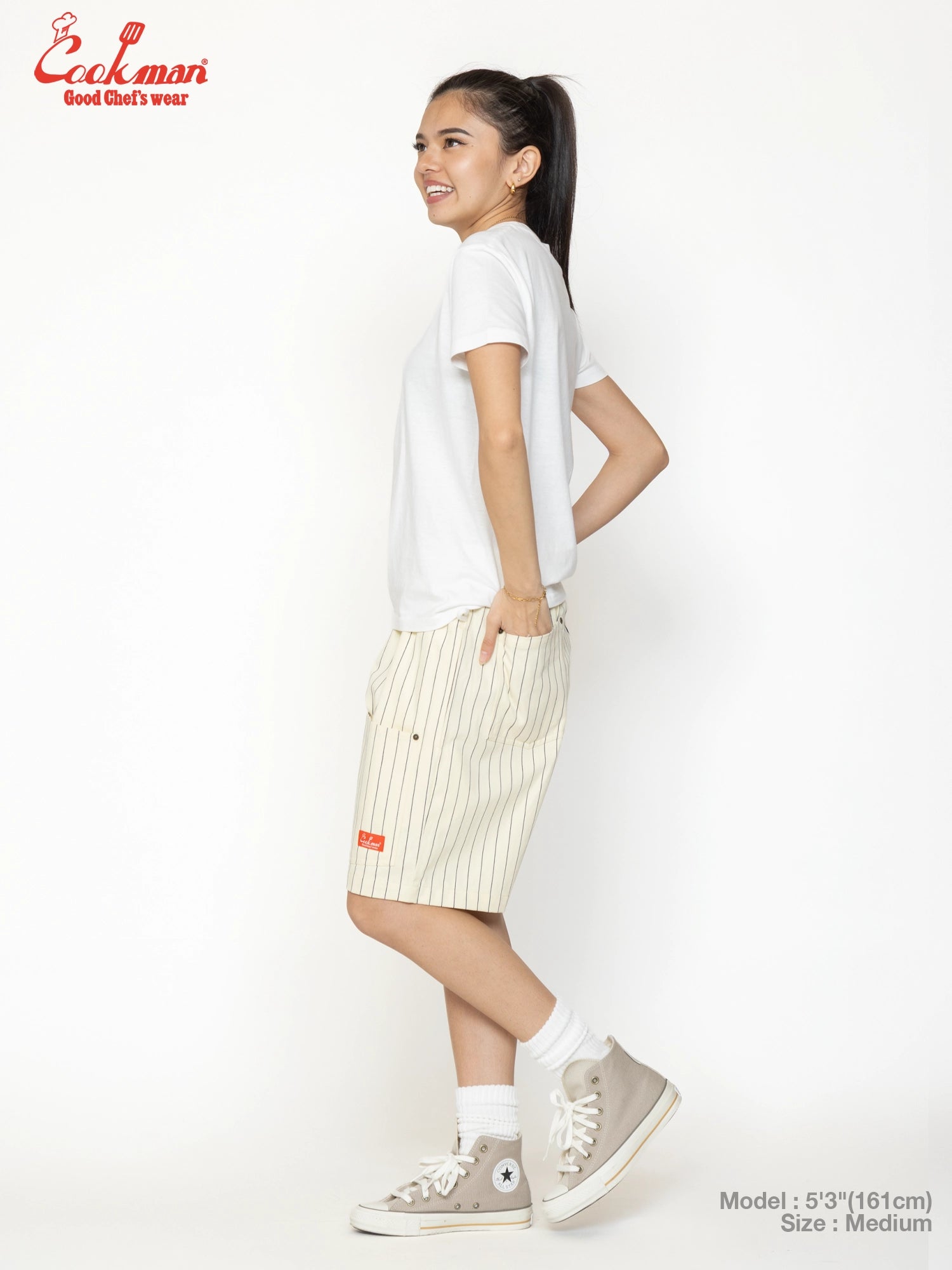 Chef Short Pants Front Pocket Herringbone - Stripe : Cream