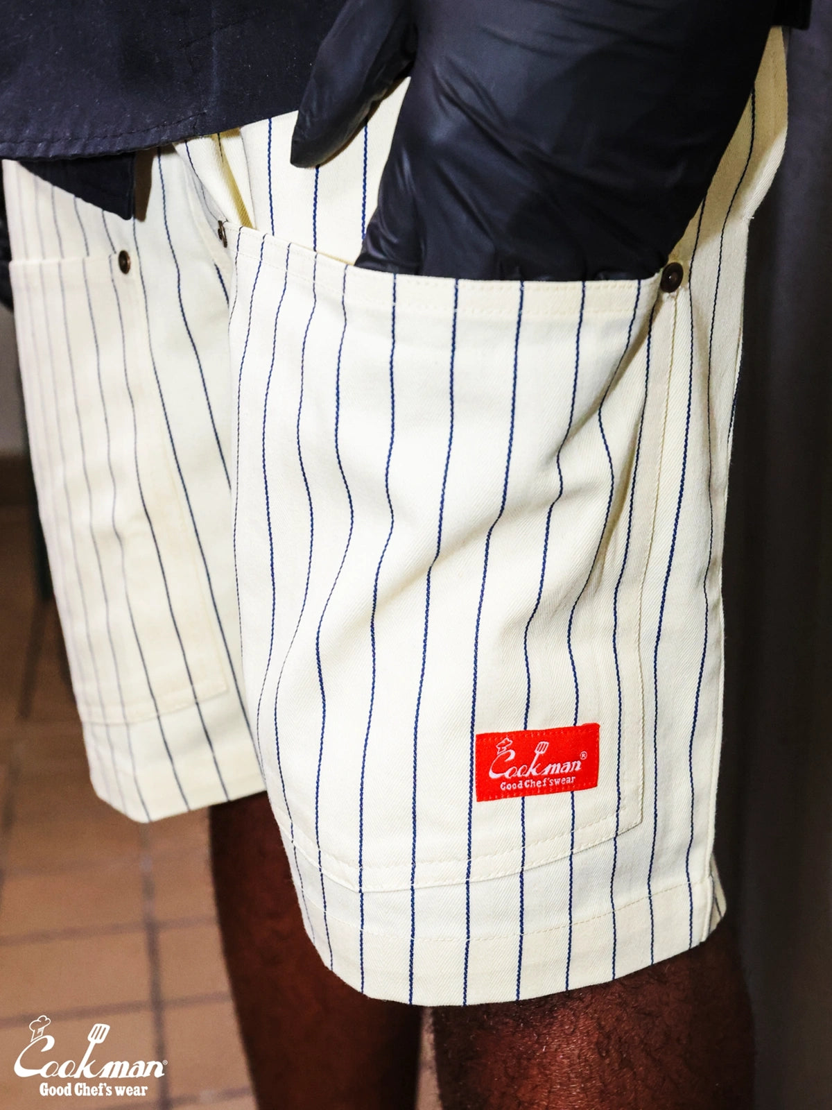 Chef Short Pants Front Pocket Herringbone - Stripe : Cream