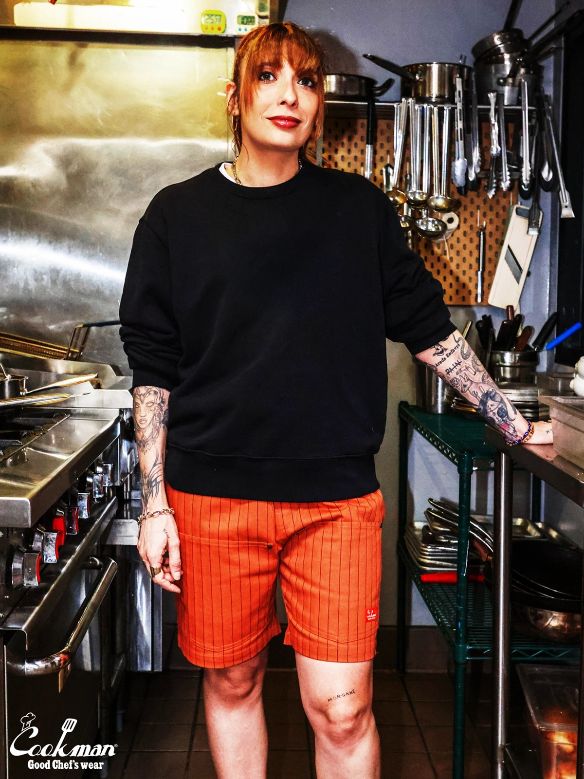 Chef Short Pants Front Pocket Herringbone - Stripe : Brick
