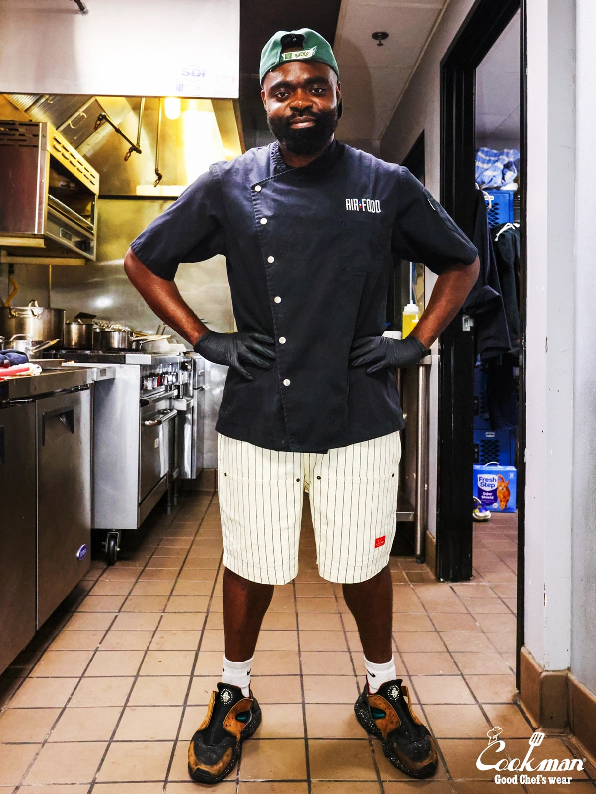 Chef Short Pants Front Pocket Herringbone - Stripe : Cream