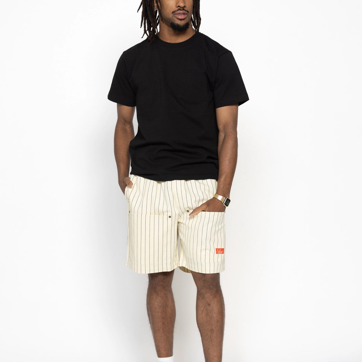 Chef Short Pants Front Pocket Herringbone - Stripe : Cream