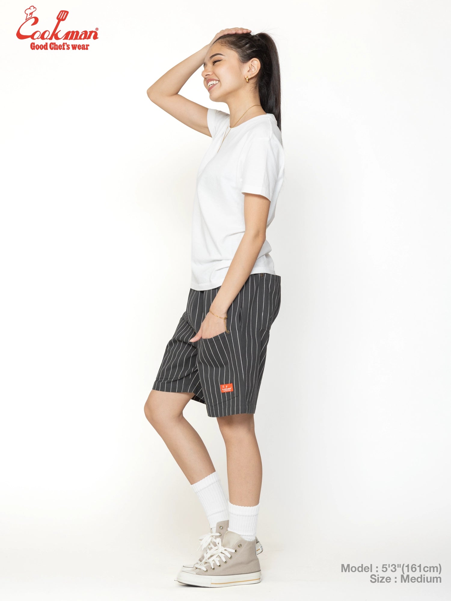 Chef Short Pants Front Pocket Herringbone - Stripe : Charcoal